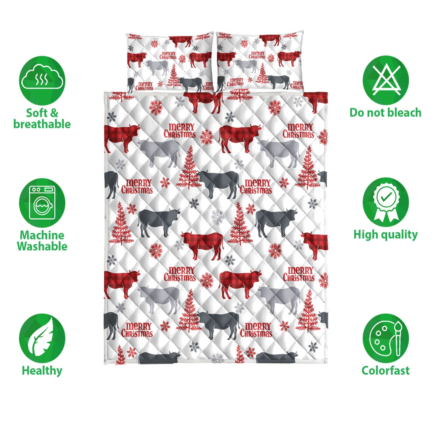 Cow Quilt Set, Cow Farm Country Withmas Tree Snowflakes Quilt Blanket With Pillowcases, Quilt Bedding Set, Christmas Gift
