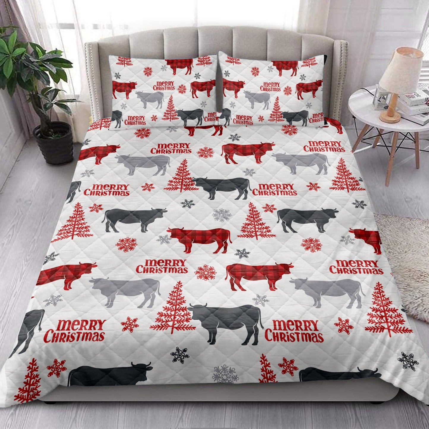 Cow Quilt Set, Cow Farm Country Withmas Tree Snowflakes Quilt Blanket With Pillowcases, Quilt Bedding Set, Christmas Gift