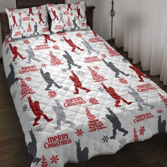 Camping Quilt Set, Bigfoot Camping Withmas Tree Snowflake Red Plaid Quilt Blanket With Pillowcases, Quilt Bedding Set, Christmas Gift