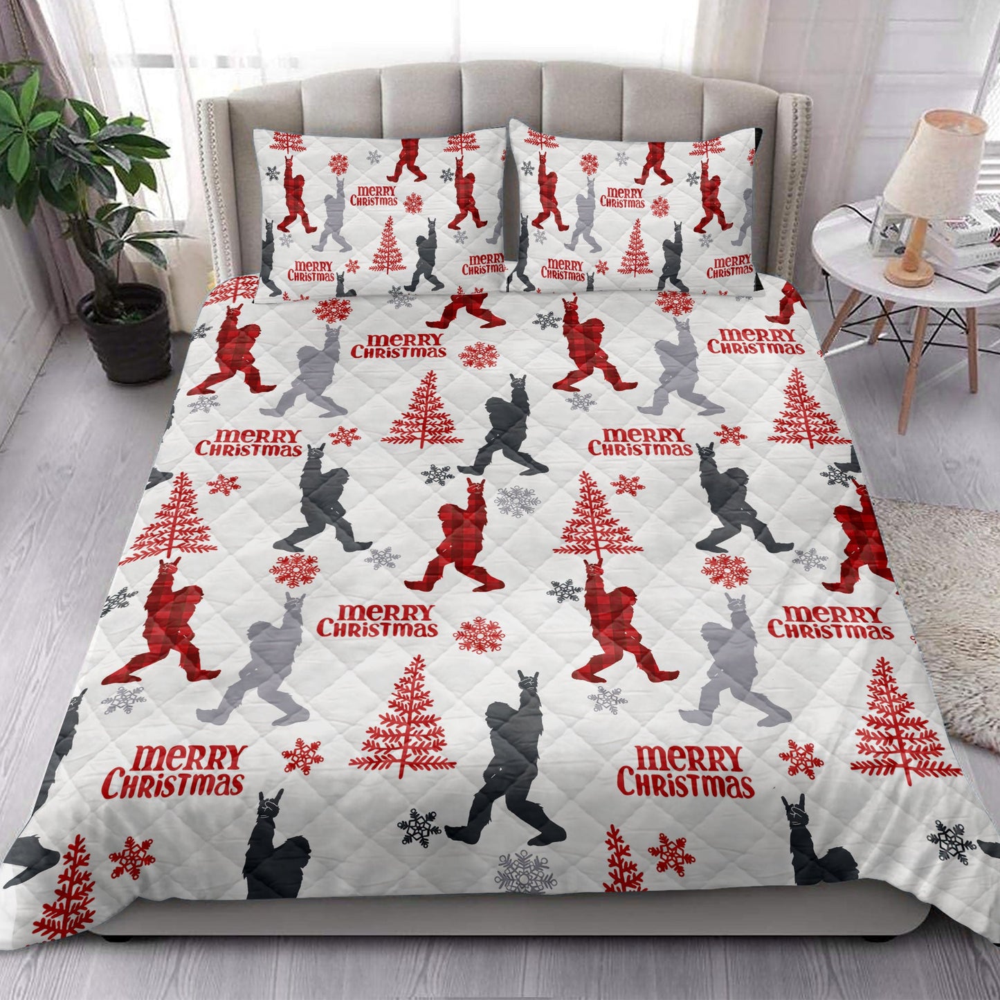 Camping Quilt Set, Bigfoot Camping Withmas Tree Snowflake Red Plaid Quilt Blanket With Pillowcases, Quilt Bedding Set, Christmas Gift