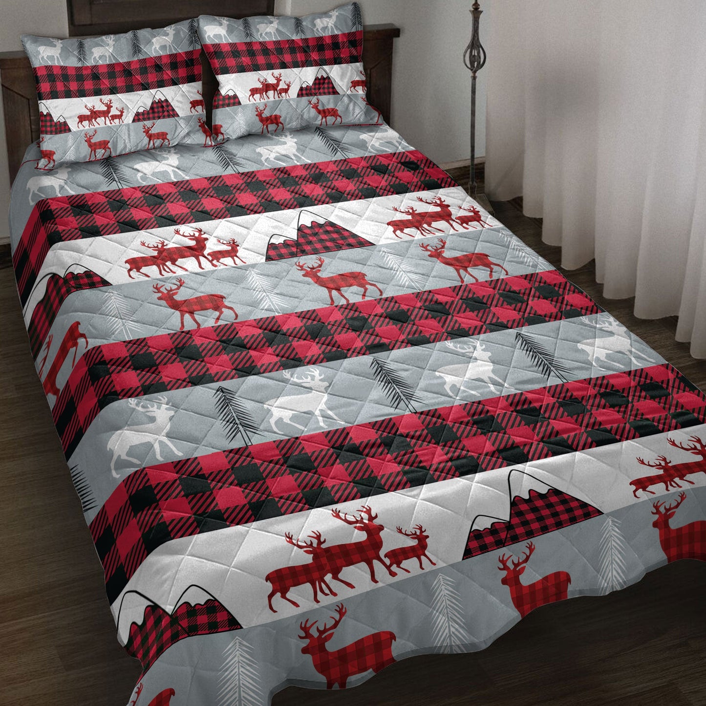 Deer Quilt Set, Christmas Deer Red Buffalo Plaid Winter Holiday Quilt Blanket With Pillowcases, Quilt Bedding Set, Christmas Gift
