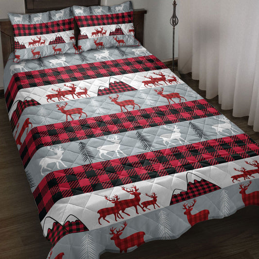 Deer Quilt Set, Christmas Deer Red Buffalo Plaid Winter Holiday Quilt Blanket With Pillowcases, Quilt Bedding Set, Christmas Gift