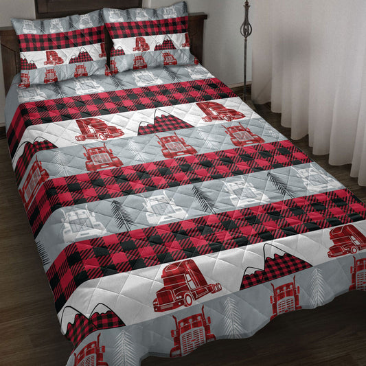 Trucker Quilt Set, Christmas Red Truck Trucker Red Buffalo Plaid Winter Holiday Quilt Blanket With Pillowcases, Quilt Bedding Set, Christmas Gift