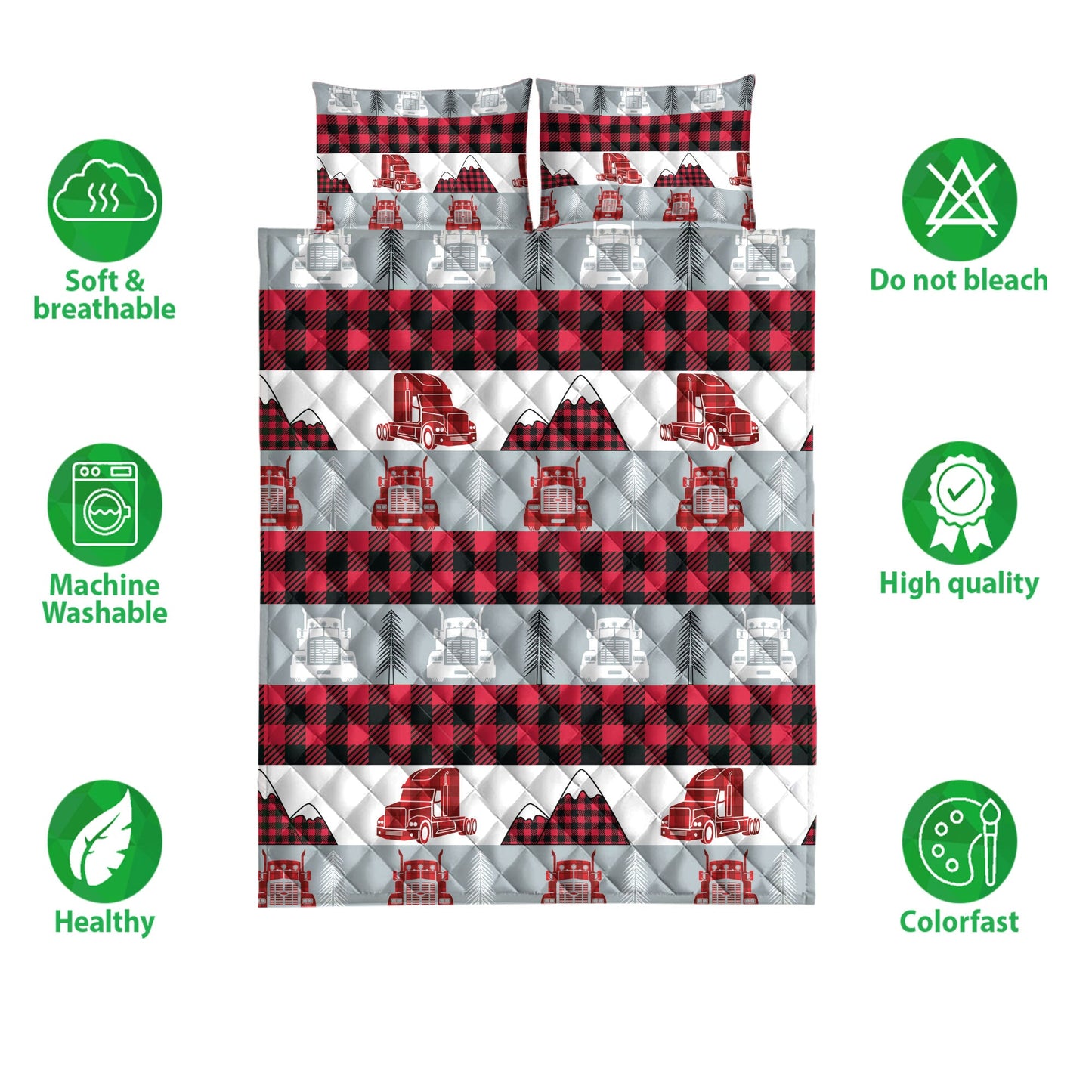 Trucker Quilt Set, Christmas Red Truck Trucker Red Buffalo Plaid Winter Holiday Quilt Blanket With Pillowcases, Quilt Bedding Set, Christmas Gift
