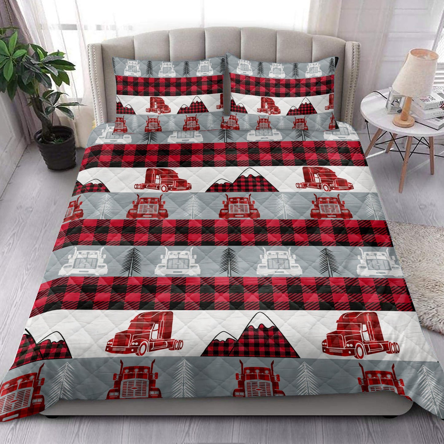 Trucker Quilt Set, Christmas Red Truck Trucker Red Buffalo Plaid Winter Holiday Quilt Blanket With Pillowcases, Quilt Bedding Set, Christmas Gift