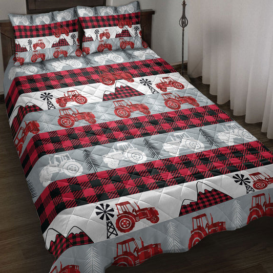 Tractor Quilt Set, Christmas Red Tractor Farm Country Red Buffalo Plaid Quilt Blanket With Pillowcases, Quilt Bedding Set, Christmas Gift