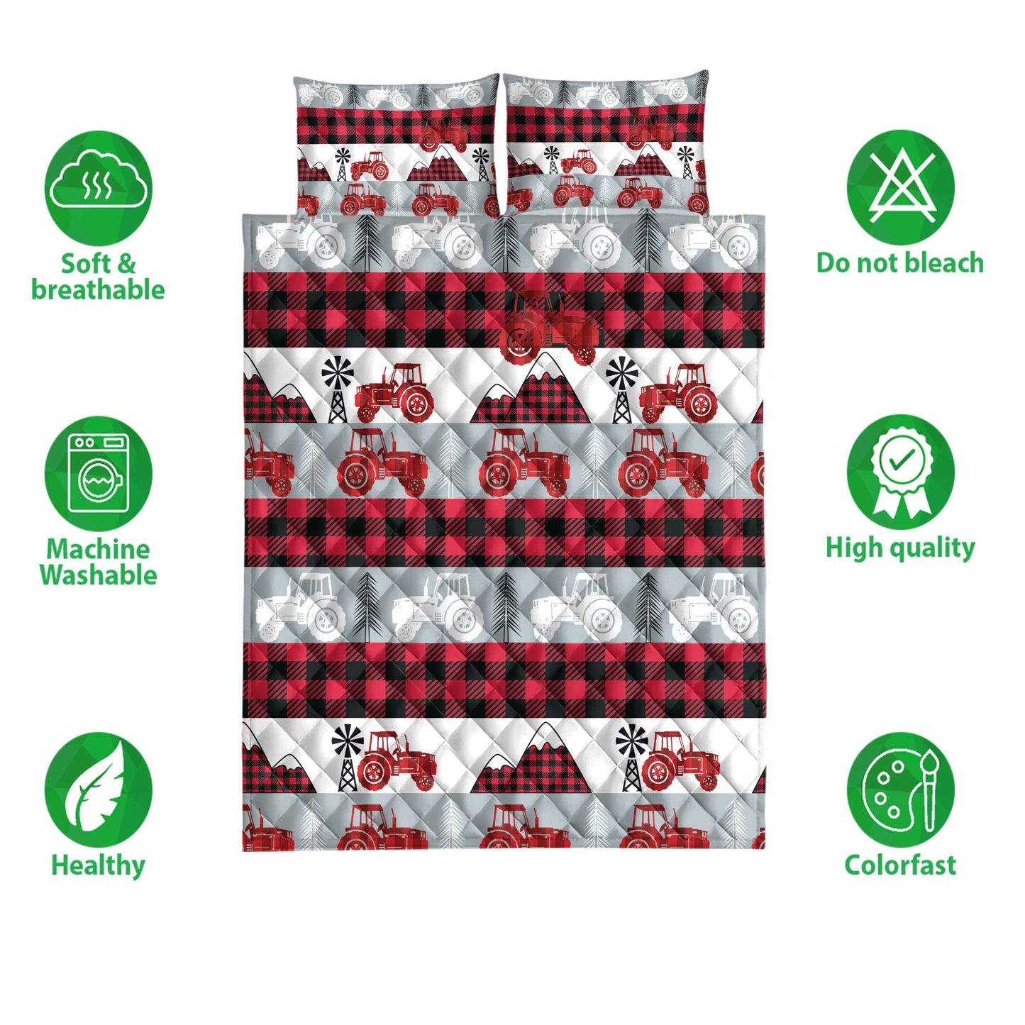 Tractor Quilt Set, Christmas Red Tractor Farm Country Red Buffalo Plaid Quilt Blanket With Pillowcases, Quilt Bedding Set, Christmas Gift