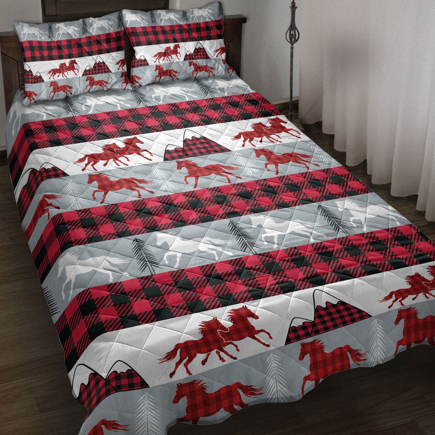 Horse Quilt Set, Christmas Horse Red Buffalo Plaid Winter Holiday Quilt Blanket With Pillowcases, Quilt Bedding Set, Christmas Gift