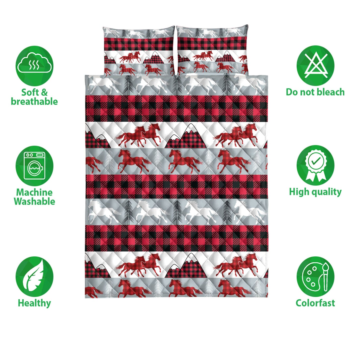 Horse Quilt Set, Christmas Horse Red Buffalo Plaid Winter Holiday Quilt Blanket With Pillowcases, Quilt Bedding Set, Christmas Gift