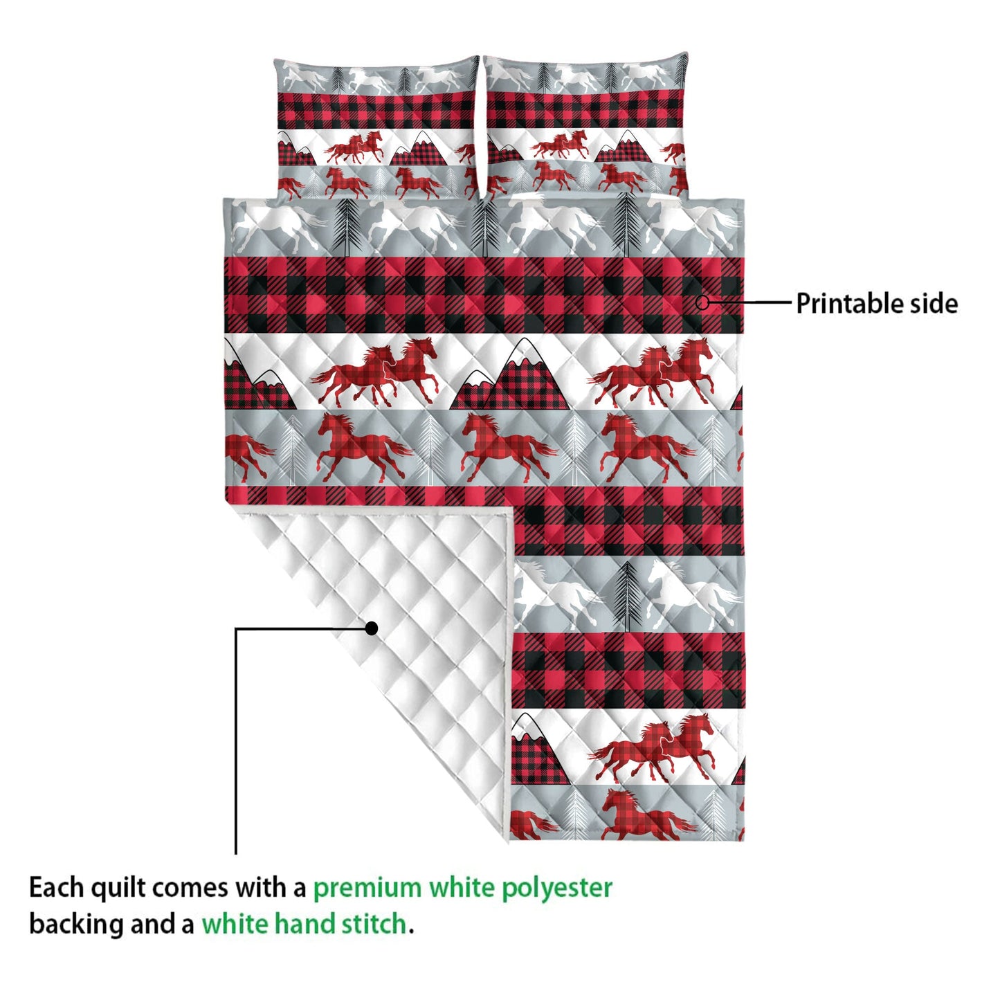 Horse Quilt Set, Christmas Horse Red Buffalo Plaid Winter Holiday Quilt Blanket With Pillowcases, Quilt Bedding Set, Christmas Gift