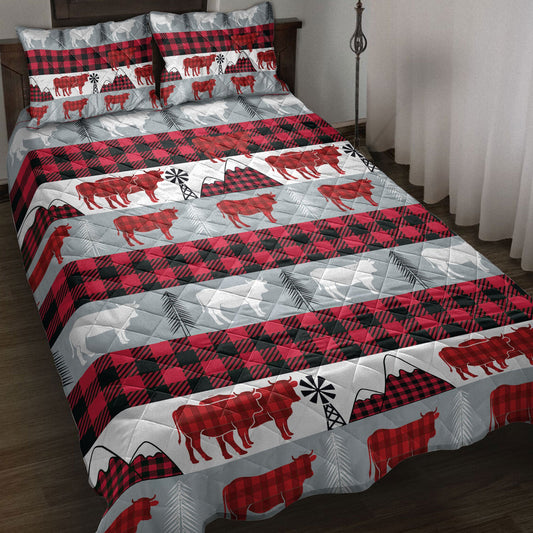 Cow Quilt Set, Christmas Cow Red Buffalo Plaid Winter Holidays Quilt Blanket With Pillowcases, Quilt Bedding Set, Christmas Gift