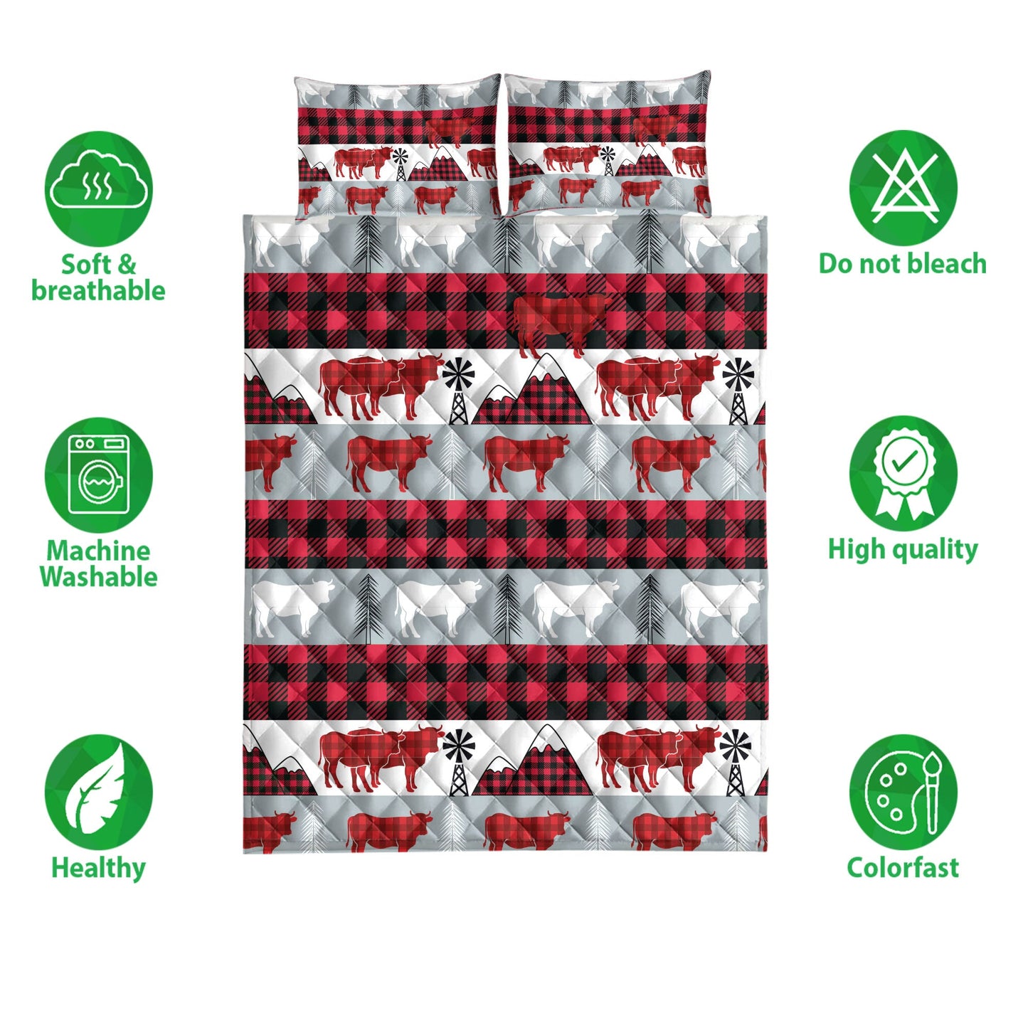 Cow Quilt Set, Christmas Cow Red Buffalo Plaid Winter Holidays Quilt Blanket With Pillowcases, Quilt Bedding Set, Christmas Gift