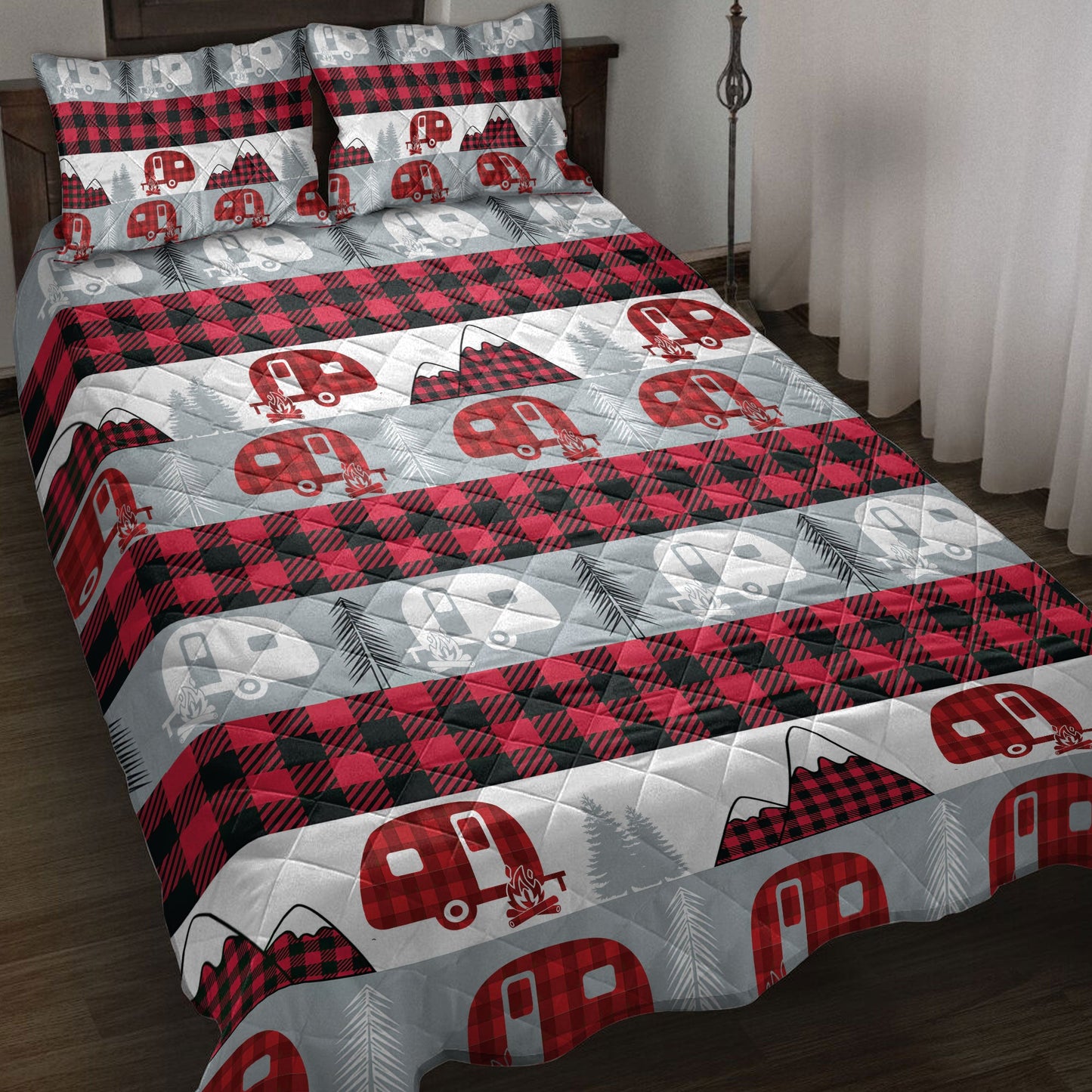 Camping Quilt Set, Christmas Camping Camper Red Buffalo Plaid Winter Holiday Quilt Blanket With Pillowcases, Quilt Bedding Set, Christmas Gift