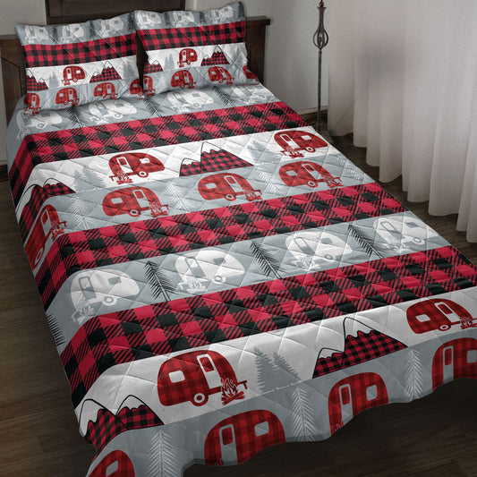 Camping Quilt Set, Christmas Camping Camper Red Buffalo Plaid Winter Holiday Quilt Blanket With Pillowcases, Quilt Bedding Set, Christmas Gift