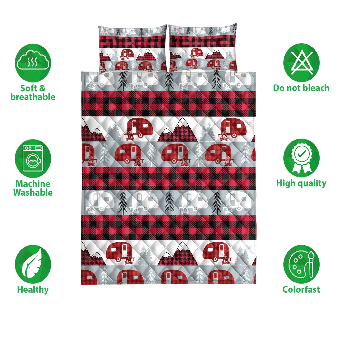 Camping Quilt Set, Christmas Camping Camper Red Buffalo Plaid Winter Holiday Quilt Blanket With Pillowcases, Quilt Bedding Set, Christmas Gift