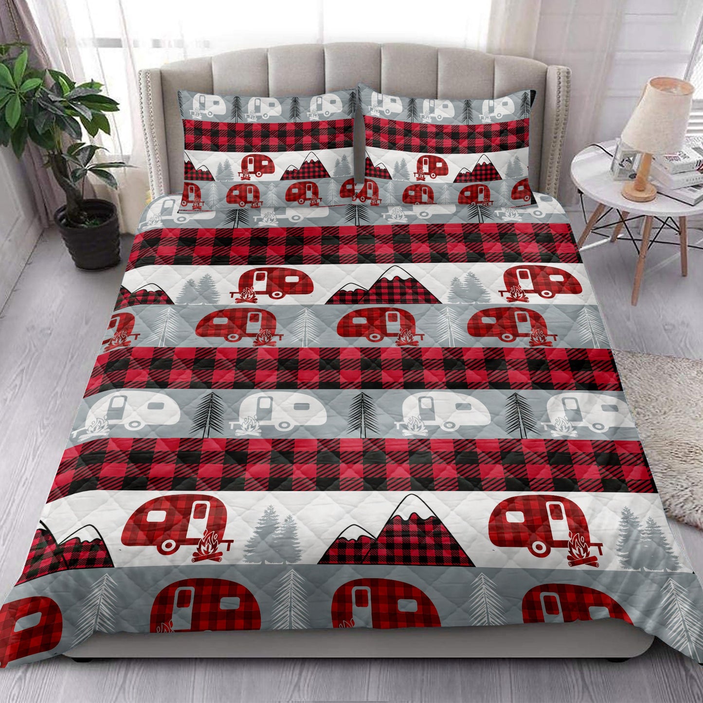 Camping Quilt Set, Christmas Camping Camper Red Buffalo Plaid Winter Holiday Quilt Blanket With Pillowcases, Quilt Bedding Set, Christmas Gift