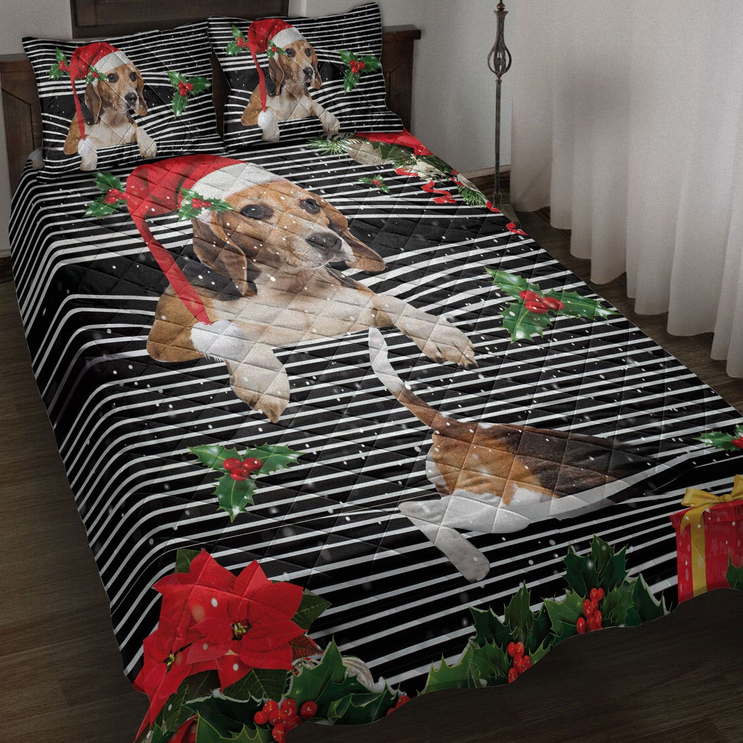 Beagle Quilt Set, Beaglemas Striped With Santa Hat And Holy Berry Snowflake Quilt Blanket With Pillowcases, Quilt Bedding Set, Christmas Gift