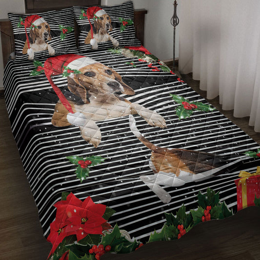 Beagle Quilt Set, Beaglemas Striped With Santa Hat And Holy Berry Snowflake Quilt Blanket With Pillowcases, Quilt Bedding Set, Christmas Gift