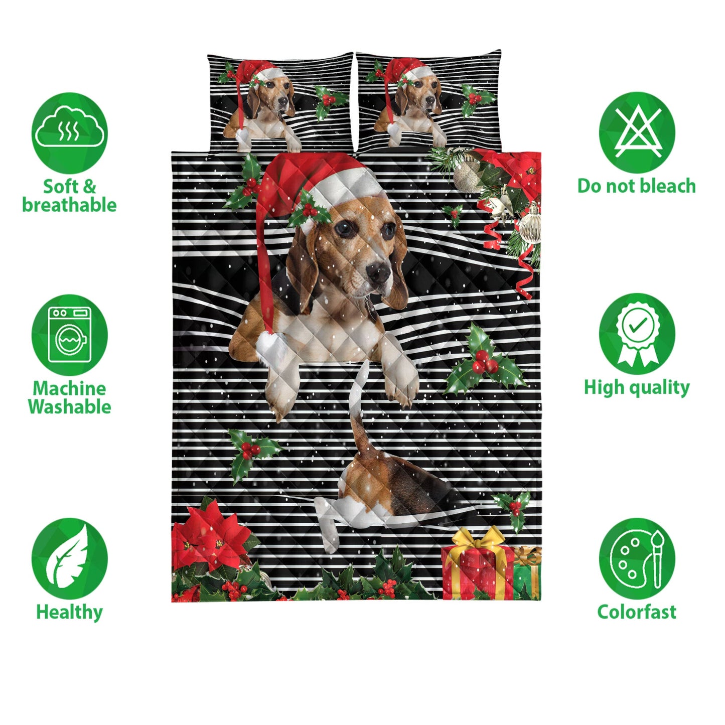 Beagle Quilt Set, Beaglemas Striped With Santa Hat And Holy Berry Snowflake Quilt Blanket With Pillowcases, Quilt Bedding Set, Christmas Gift