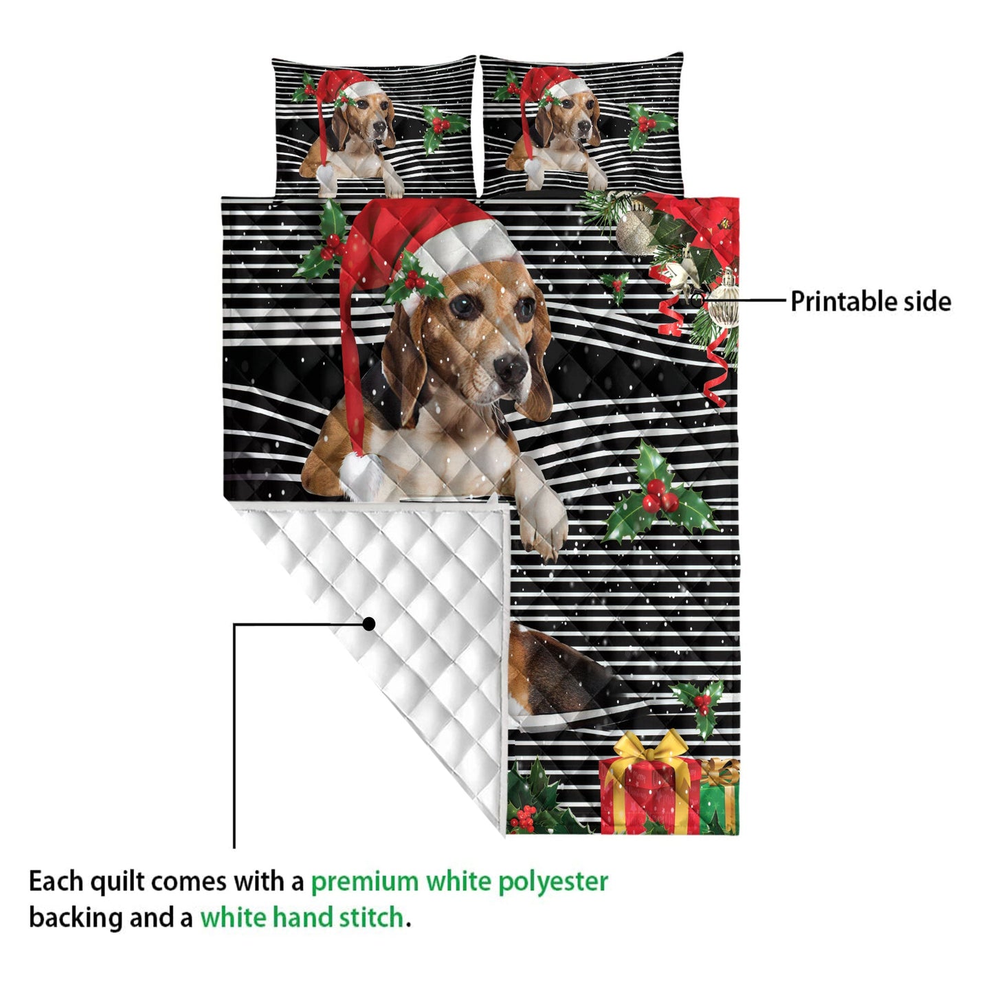 Beagle Quilt Set, Beaglemas Striped With Santa Hat And Holy Berry Snowflake Quilt Blanket With Pillowcases, Quilt Bedding Set, Christmas Gift