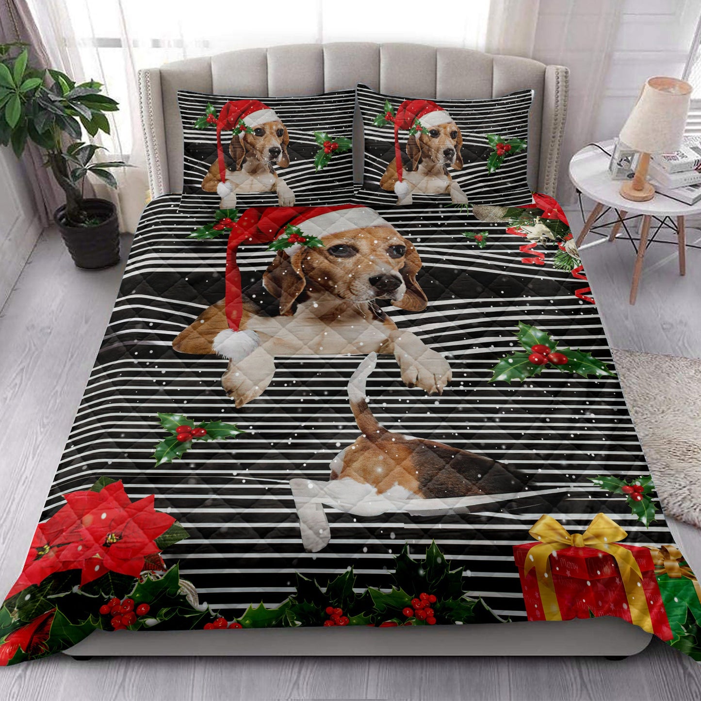 Beagle Quilt Set, Beaglemas Striped With Santa Hat And Holy Berry Snowflake Quilt Blanket With Pillowcases, Quilt Bedding Set, Christmas Gift