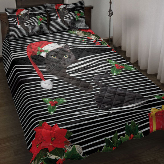 Black Cat Quilt Set, Black Catmas Striped With Santa Hat And Holy Berry Snowflake Quilt Blanket With Pillowcases, Quilt Bedding Set, Christmas Gift