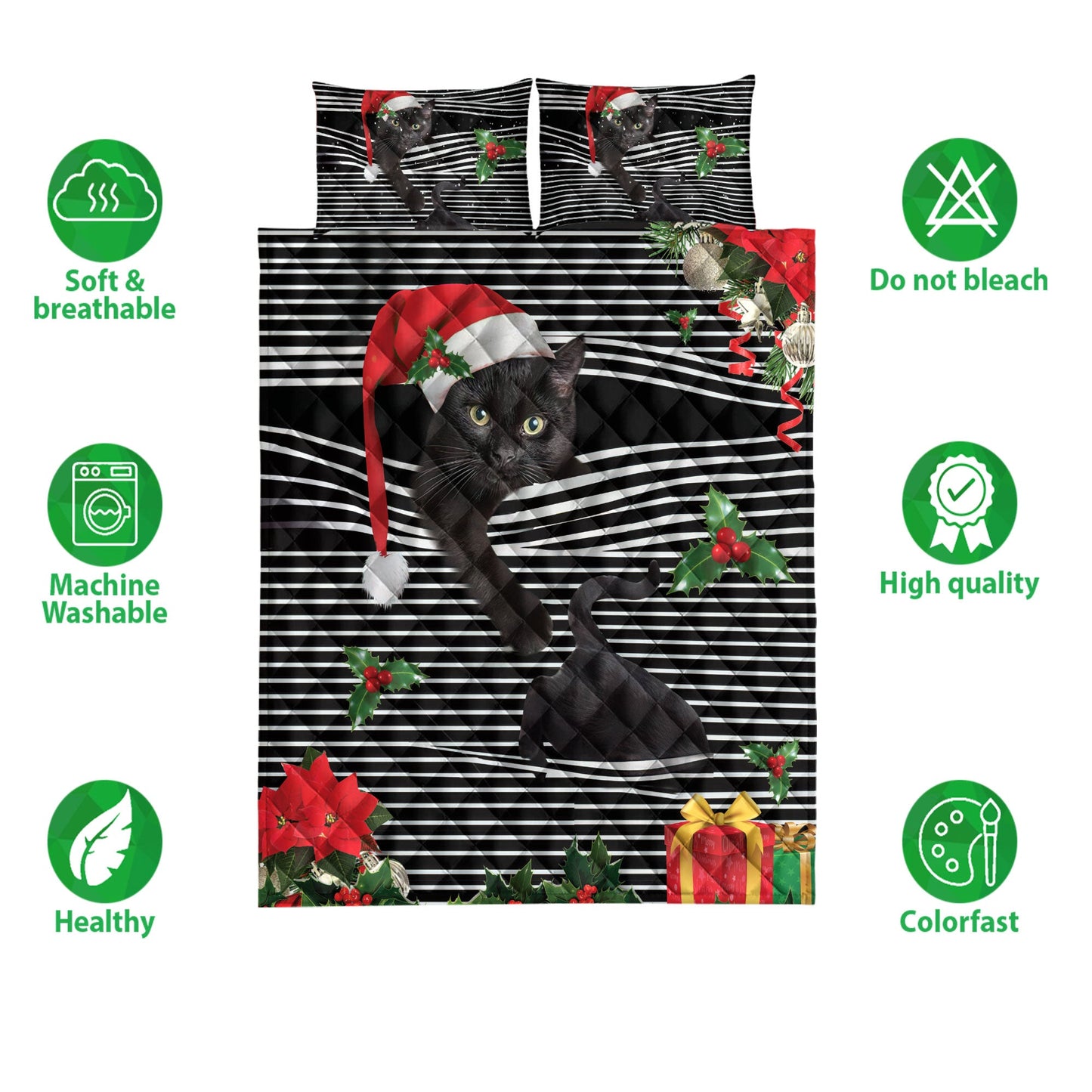 Black Cat Quilt Set, Black Catmas Striped With Santa Hat And Holy Berry Snowflake Quilt Blanket With Pillowcases, Quilt Bedding Set, Christmas Gift