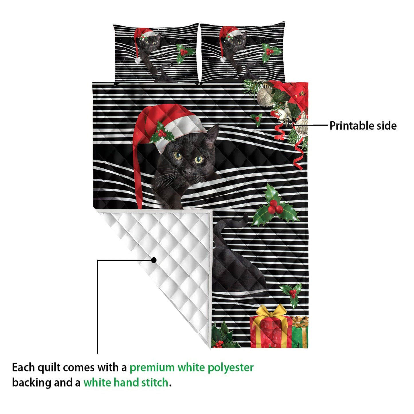 Black Cat Quilt Set, Black Catmas Striped With Santa Hat And Holy Berry Snowflake Quilt Blanket With Pillowcases, Quilt Bedding Set, Christmas Gift