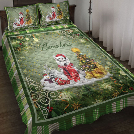 Personalized Husky Quilt Set, H Usky Sibirmas Tree String Light Quilt Blanket With Pillowcases, Custom Name Quilt Bedding Set, Christmas Gift
