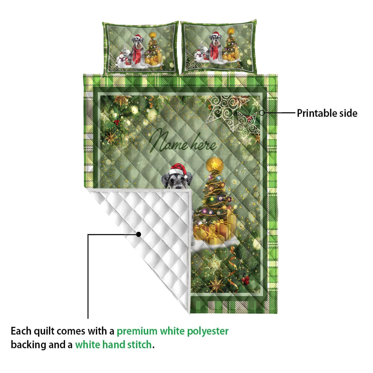 Personalized Schnauzer Quilt Set, Schnauzermas Tree String Lights Quilt Blanket With Pillowcases, Custom Name Quilt Bedding Set, Christmas Gift