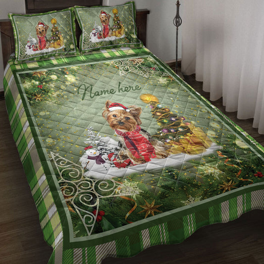 Personalized Yorkshire Quilt Set, Yorkshiremas Tree String Lights Quilt Blanket With Pillowcases, Custom Name Quilt Bedding Set, Christmas Gift