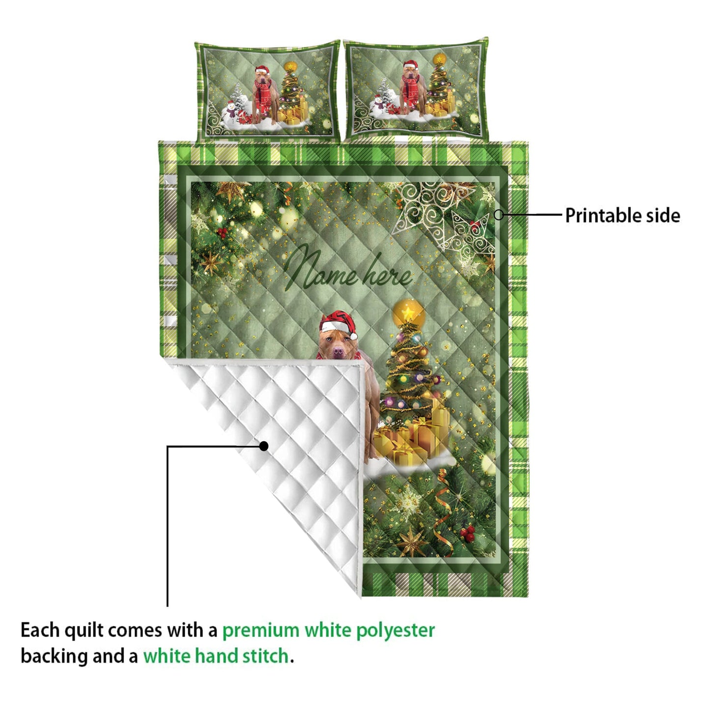 Personalized Pitbull Quilt Set, Pitbullmas Tree String Lights Quilt Blanket With Pillowcases, Custom Name Quilt Bedding Set, Christmas Gift