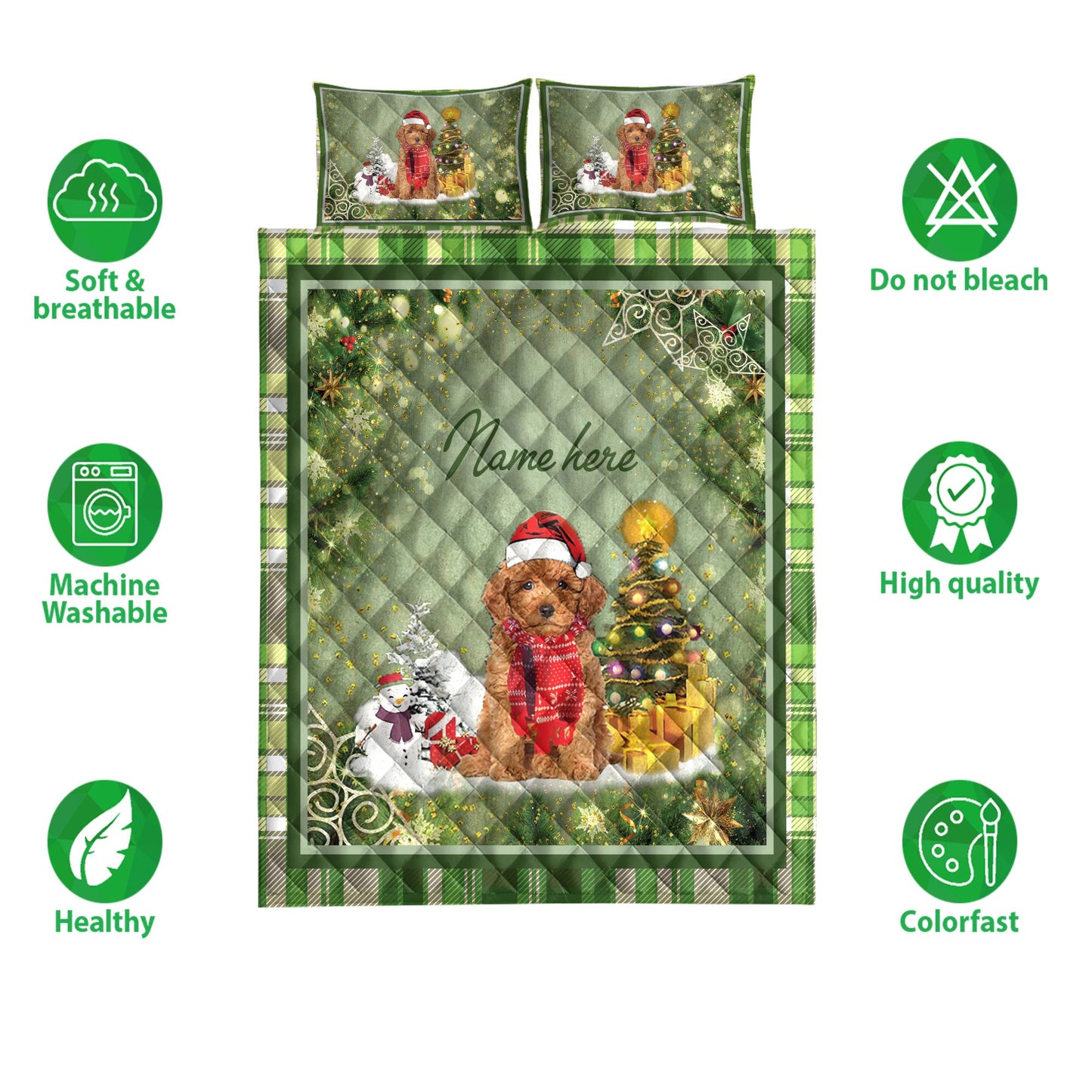 Personalized Goldendoodle Quilt Set, Goldendoodlemas Tree String Lights Quilt Blanket With Pillowcases, Custom Name Quilt Bedding Set, Christmas Gift