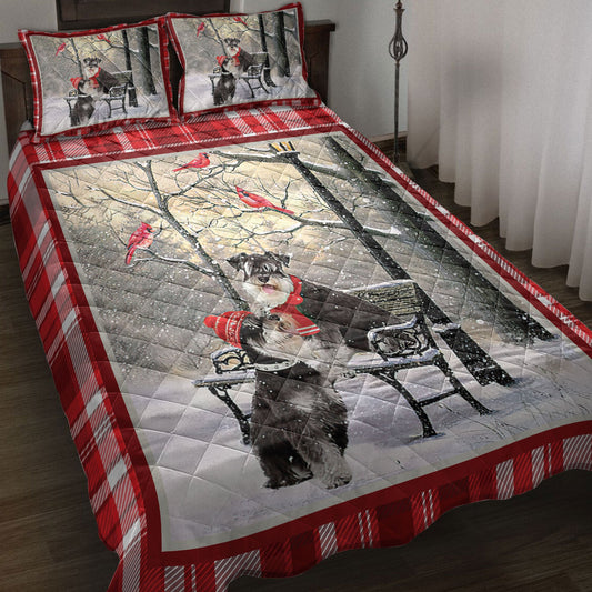 Schnauzer Quilt Set, Schnauzer Hellomas Snowflake Winter Park Cardinal Holiday Quilt Blanket With Pillowcases, Quilt Bedding Set, Christmas Gift