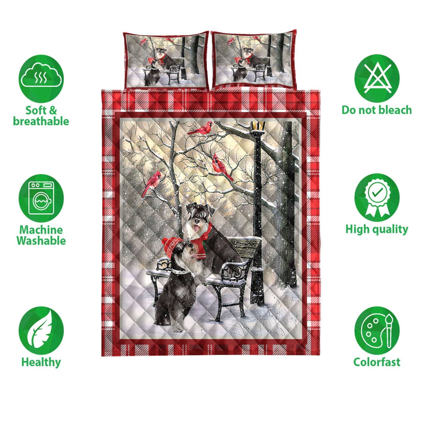 Schnauzer Quilt Set, Schnauzer Hellomas Snowflake Winter Park Cardinal Holiday Quilt Blanket With Pillowcases, Quilt Bedding Set, Christmas Gift