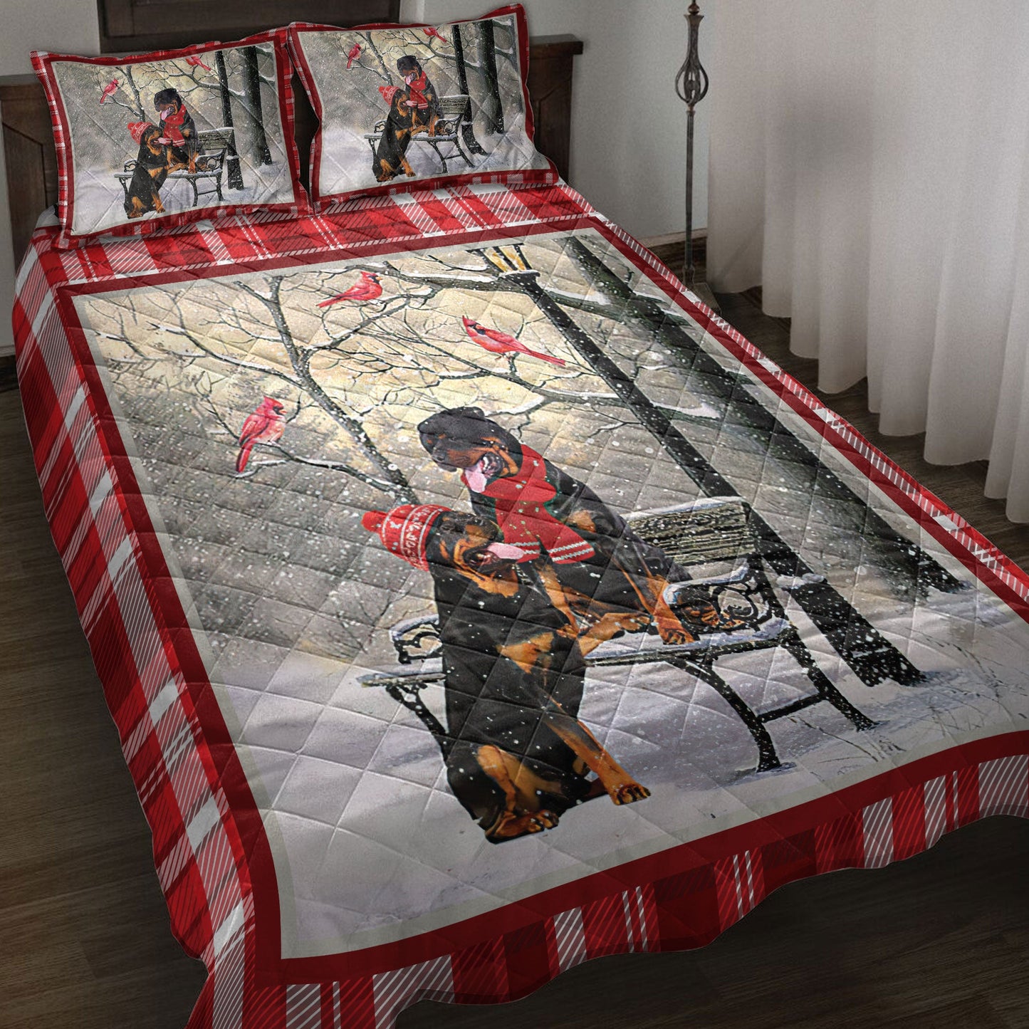 Rottweiler Quilt Set, Rottweiler Hellomas Snowflake Winter Park Cardinal Holiday Quilt Blanket With Pillowcases, Quilt Bedding Set, Christmas Gift