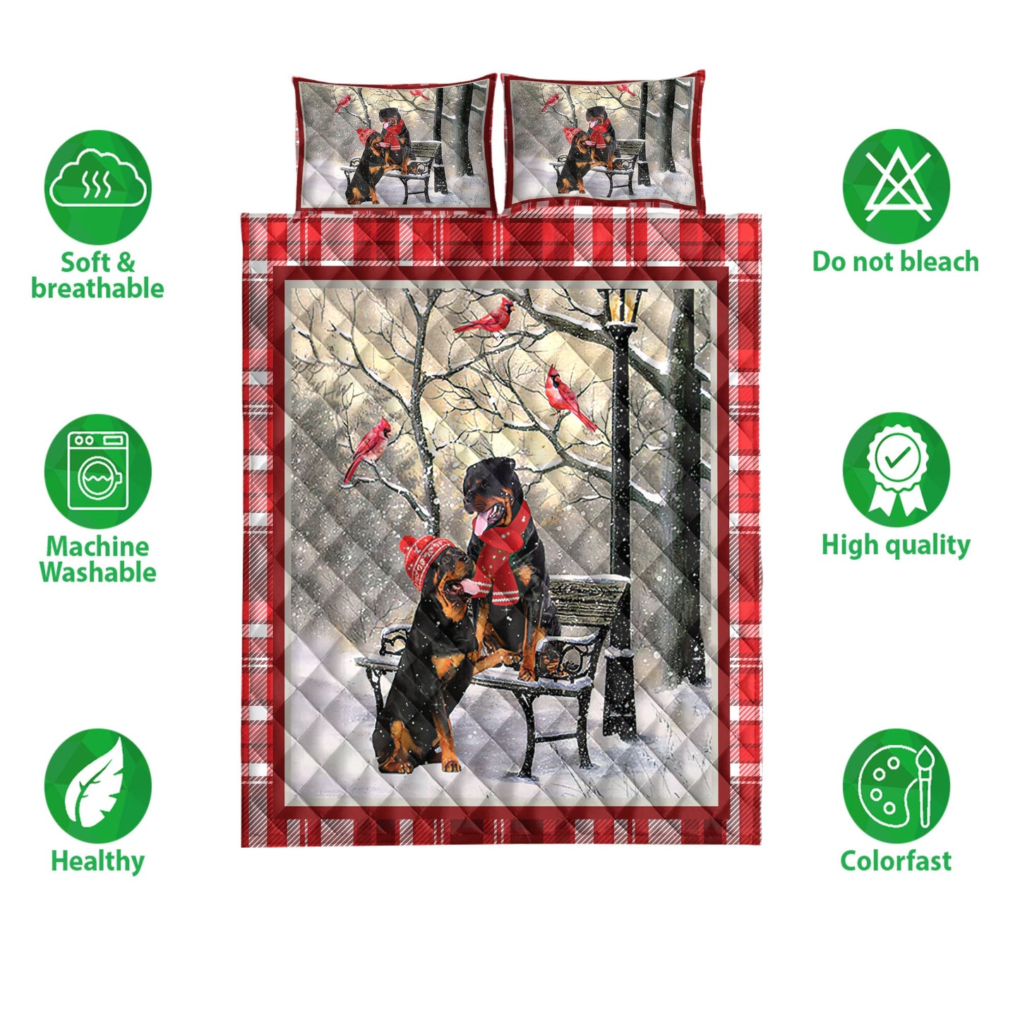 Rottweiler Quilt Set, Rottweiler Hellomas Snowflake Winter Park Cardinal Holiday Quilt Blanket With Pillowcases, Quilt Bedding Set, Christmas Gift