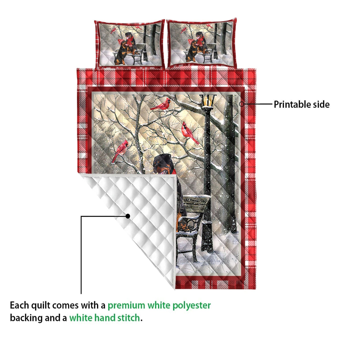 Rottweiler Quilt Set, Rottweiler Hellomas Snowflake Winter Park Cardinal Holiday Quilt Blanket With Pillowcases, Quilt Bedding Set, Christmas Gift