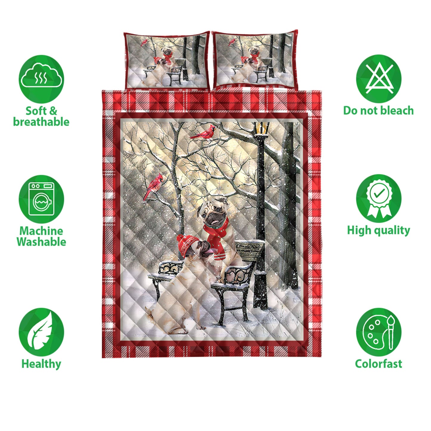 Pug Quilt Set, Pug Hellomas Snowflake Winter Park Cardinal Holiday Quilt Blanket With Pillowcases, Quilt Bedding Set, Christmas Gift