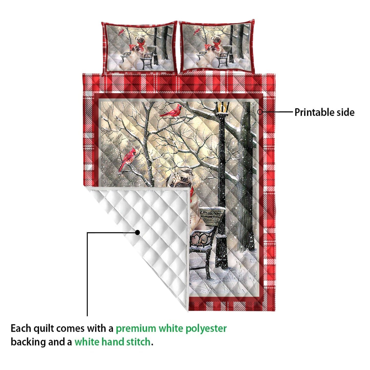 Pug Quilt Set, Pug Hellomas Snowflake Winter Park Cardinal Holiday Quilt Blanket With Pillowcases, Quilt Bedding Set, Christmas Gift