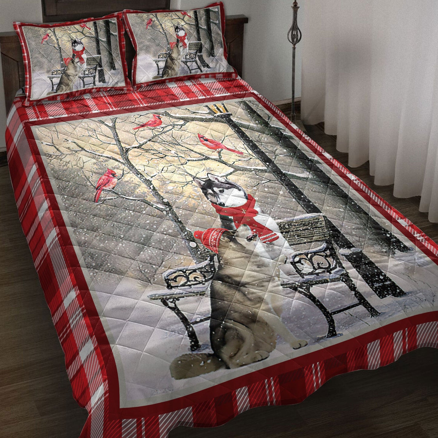 Husky Quilt Set, H Usky Sibir Hellomas Snowflake Winter Park Cardinal Holiday Quilt Blanket With Pillowcases, Quilt Bedding Set, Christmas Gift