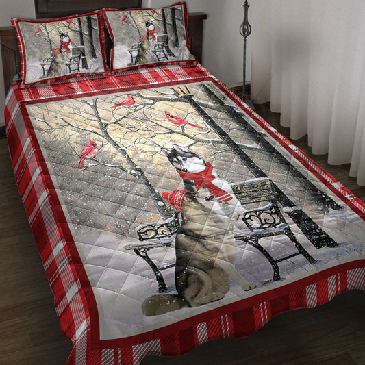 Husky Quilt Set, H Usky Sibir Hellomas Snowflake Winter Park Cardinal Holiday Quilt Blanket With Pillowcases, Quilt Bedding Set, Christmas Gift