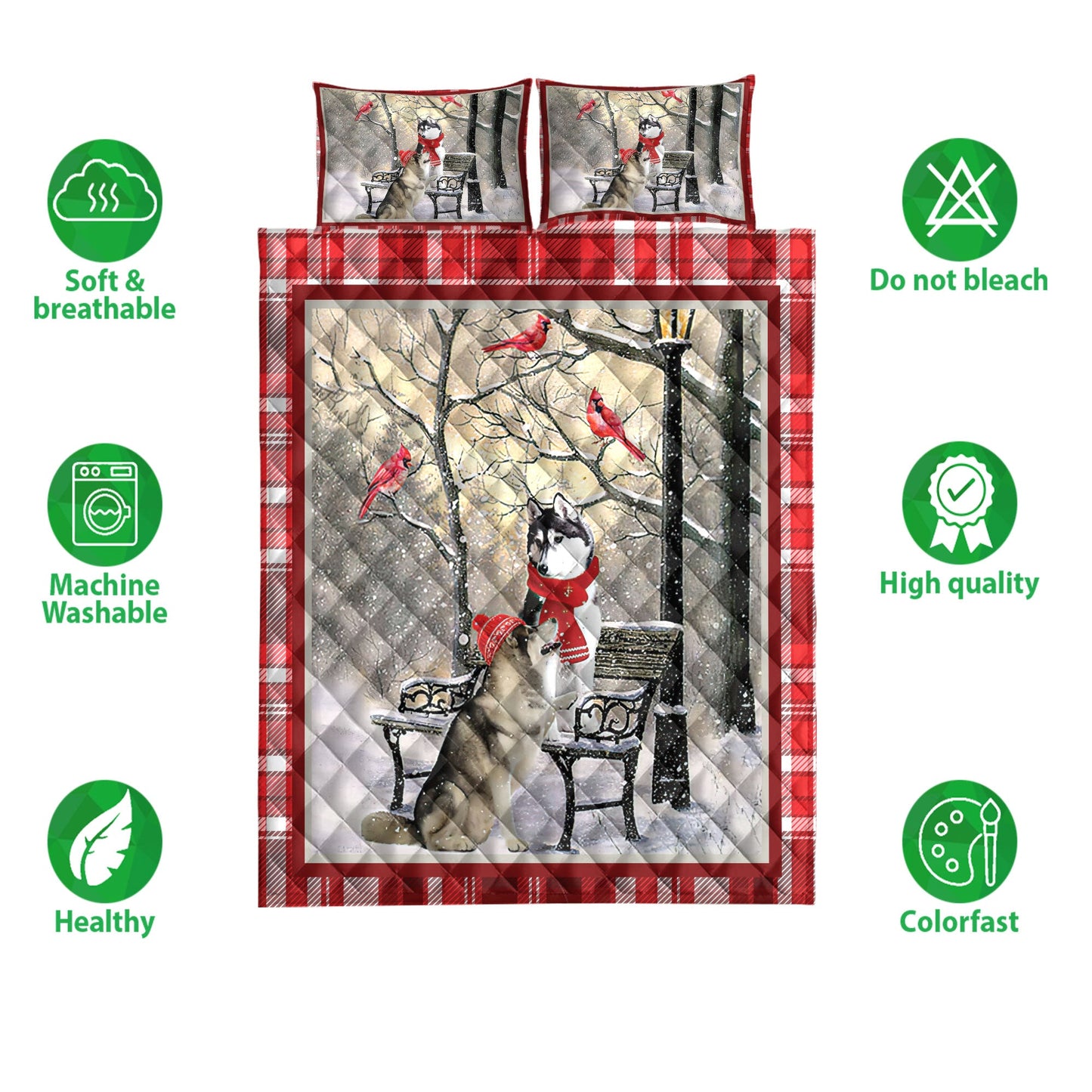 Husky Quilt Set, H Usky Sibir Hellomas Snowflake Winter Park Cardinal Holiday Quilt Blanket With Pillowcases, Quilt Bedding Set, Christmas Gift