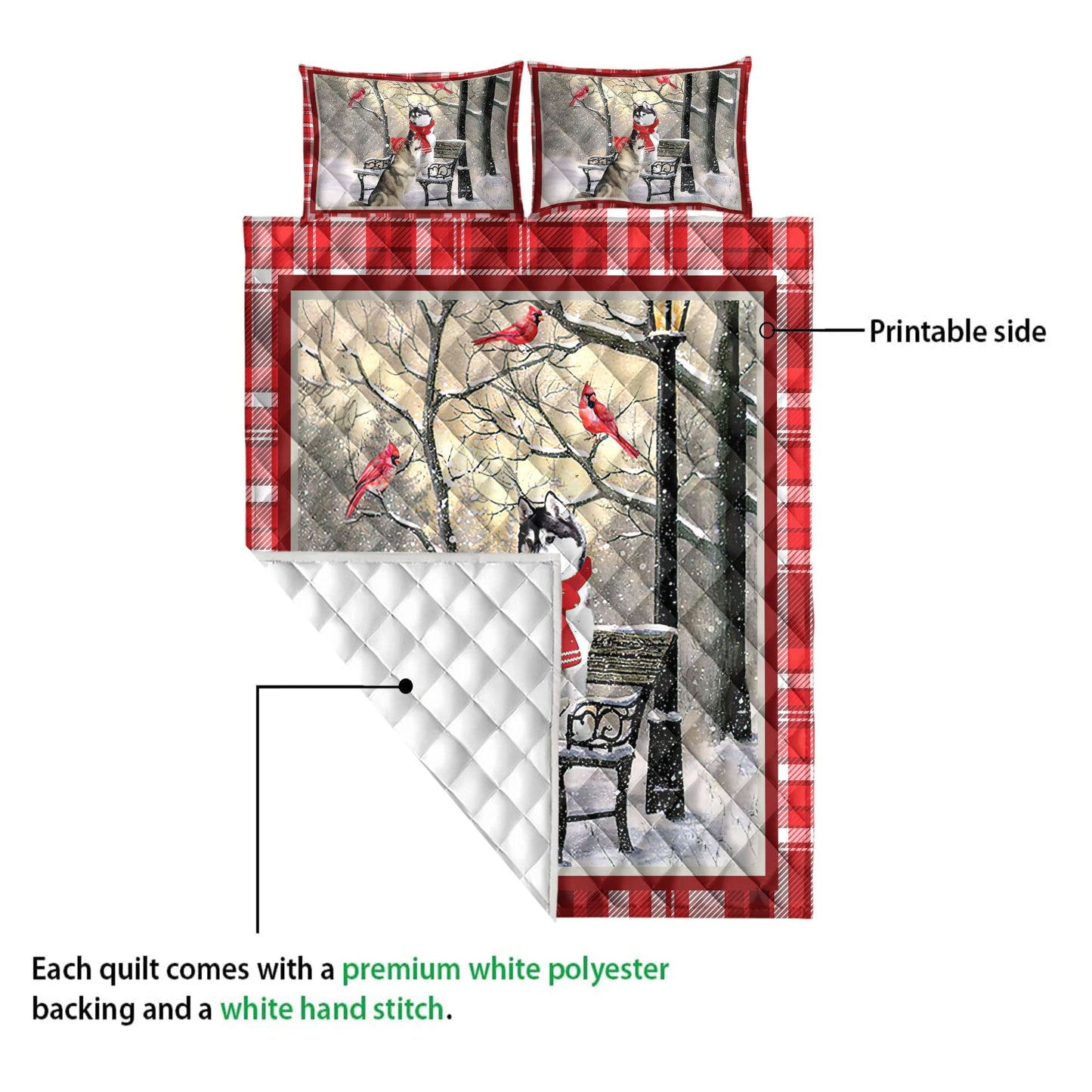 Husky Quilt Set, H Usky Sibir Hellomas Snowflake Winter Park Cardinal Holiday Quilt Blanket With Pillowcases, Quilt Bedding Set, Christmas Gift