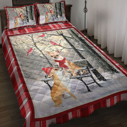 Chihuahua Quilt Set, Chihuahua Hellomas Snowflake Winter Park Cardinal Holiday Quilt Blanket With Pillowcases, Quilt Bedding Set, Christmas Gift
