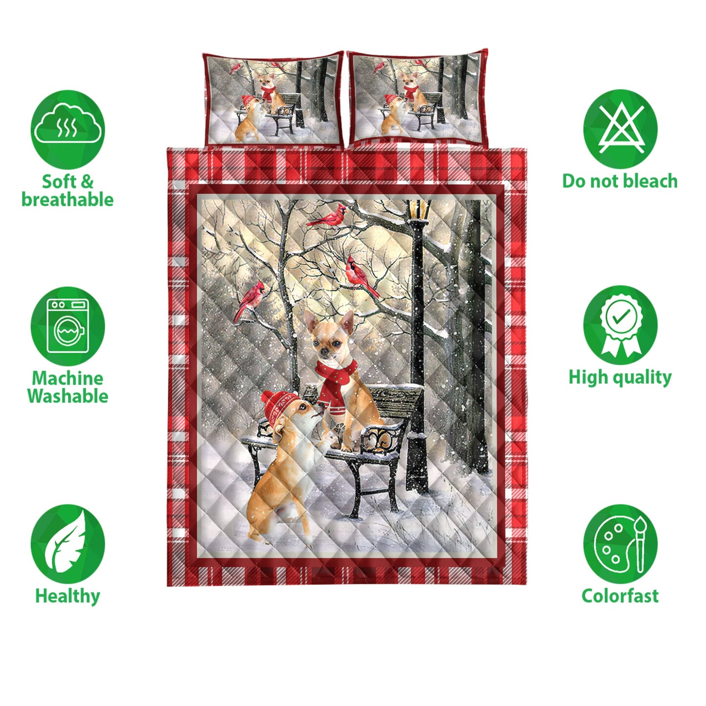 Chihuahua Quilt Set, Chihuahua Hellomas Snowflake Winter Park Cardinal Holiday Quilt Blanket With Pillowcases, Quilt Bedding Set, Christmas Gift