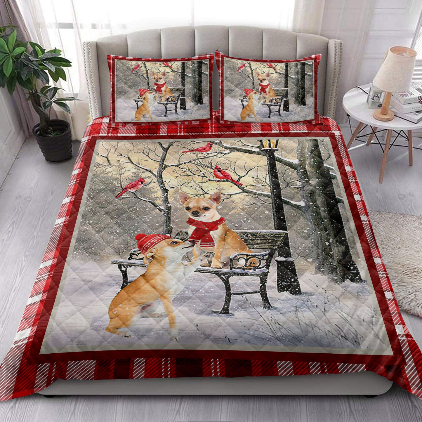 Chihuahua Quilt Set, Chihuahua Hellomas Snowflake Winter Park Cardinal Holiday Quilt Blanket With Pillowcases, Quilt Bedding Set, Christmas Gift