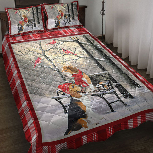 Beagle Quilt Set, Beagle Hellomas Snowflake Winter Park Cardinal Holiday Quilt Blanket With Pillowcases, Quilt Bedding Set, Christmas Gift