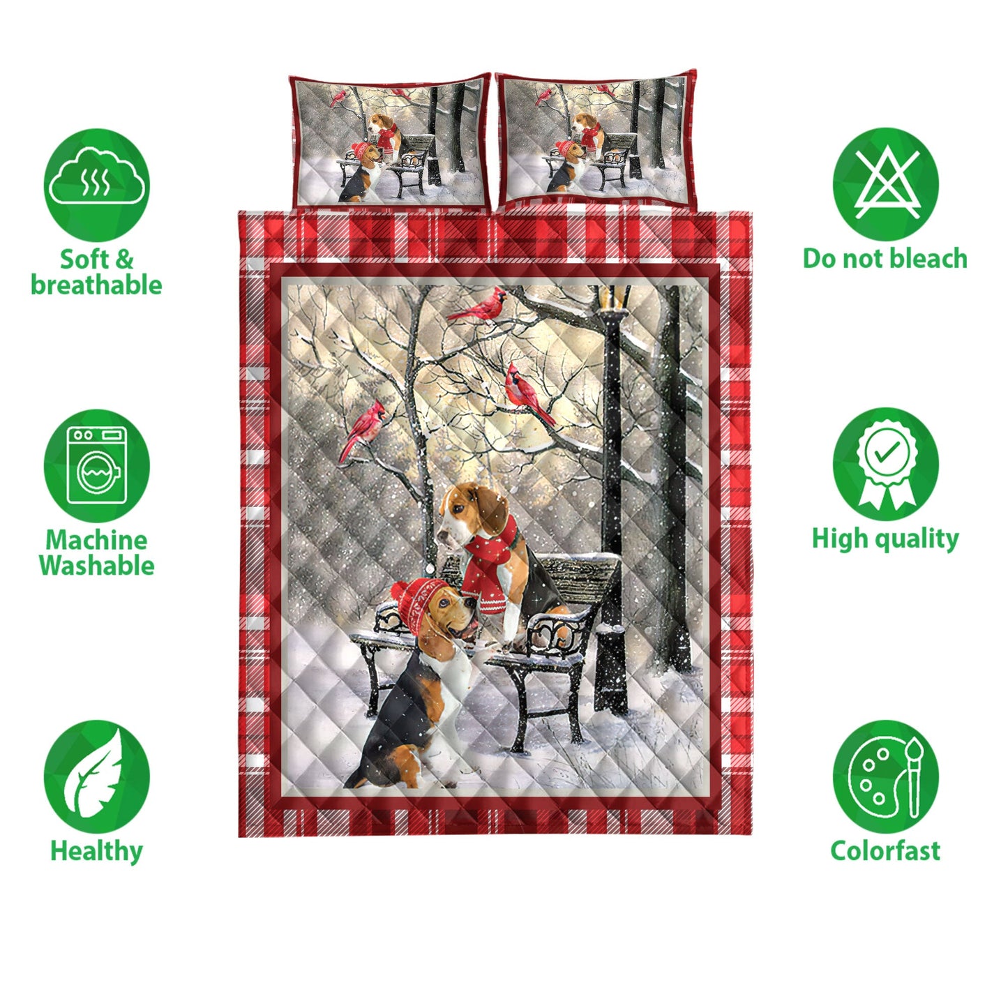 Beagle Quilt Set, Beagle Hellomas Snowflake Winter Park Cardinal Holiday Quilt Blanket With Pillowcases, Quilt Bedding Set, Christmas Gift