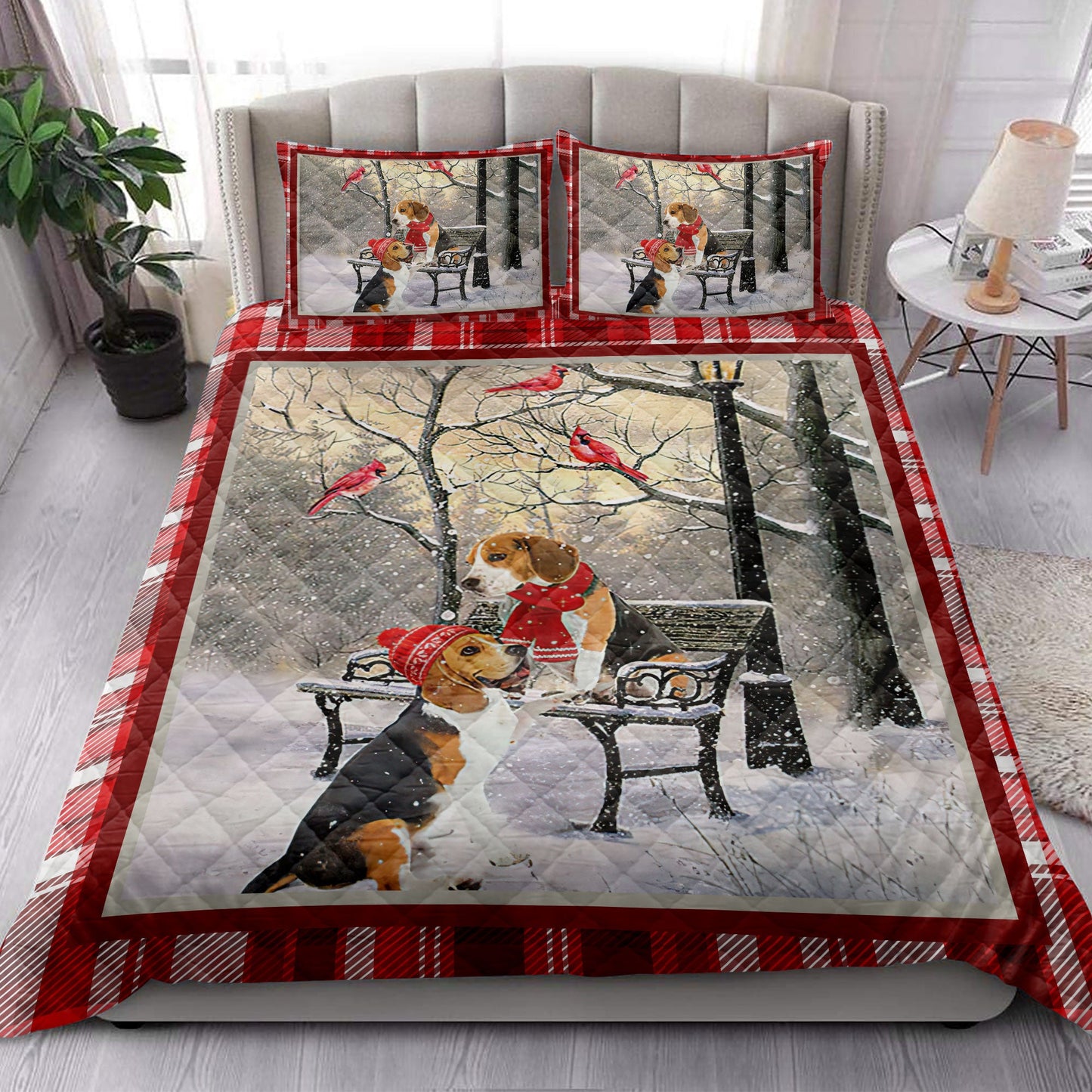 Beagle Quilt Set, Beagle Hellomas Snowflake Winter Park Cardinal Holiday Quilt Blanket With Pillowcases, Quilt Bedding Set, Christmas Gift